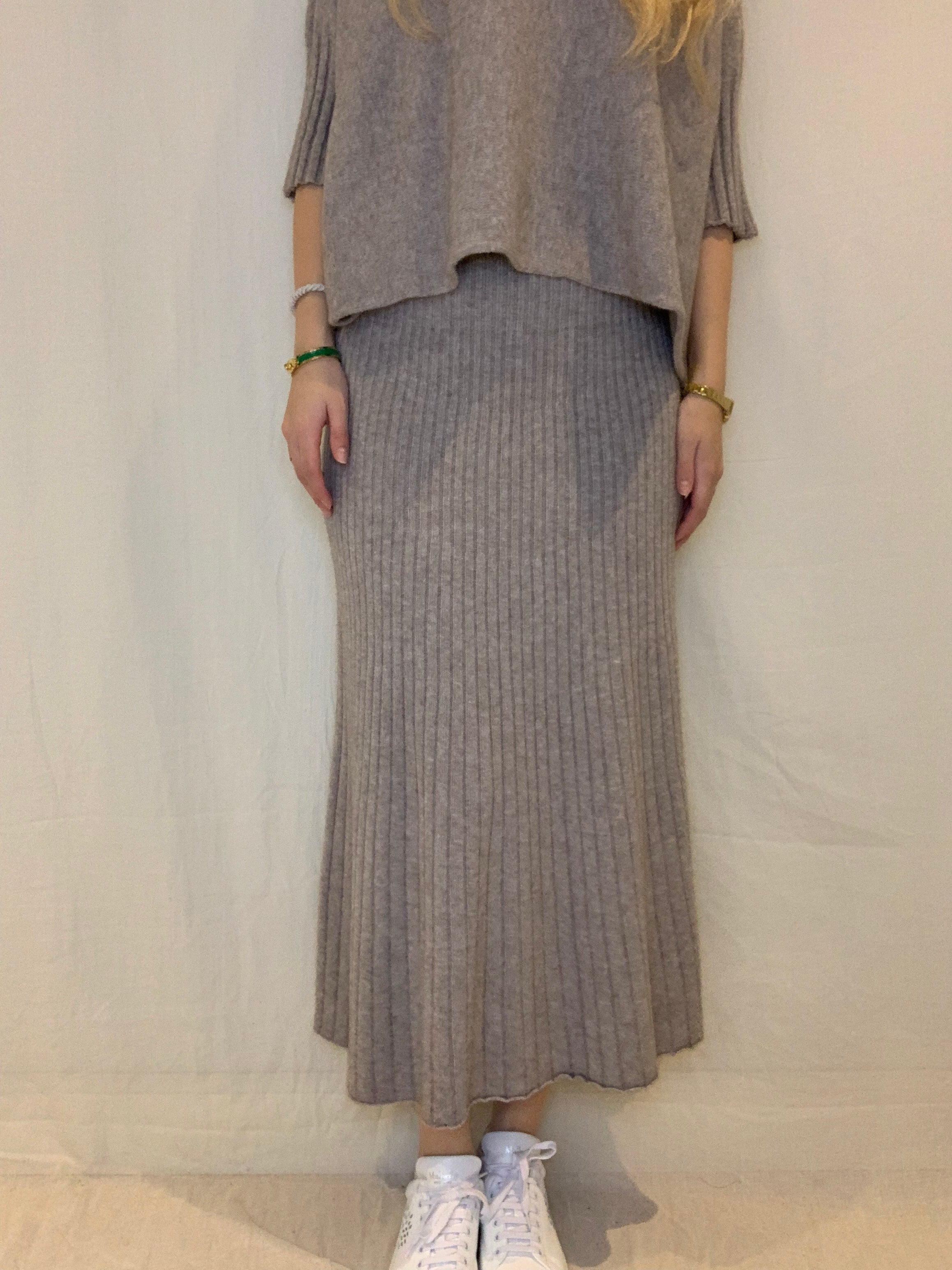 Hög midja stickad midikjol, Fango Beige