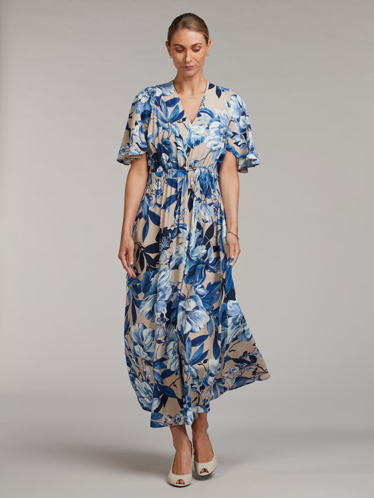 Leonora Floral Patterned Dress, Blue & Beige