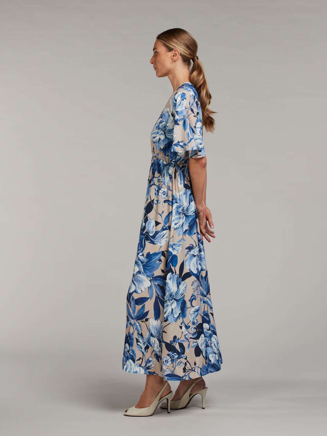 Leonora Floral Patterned Dress, Blue & Beige