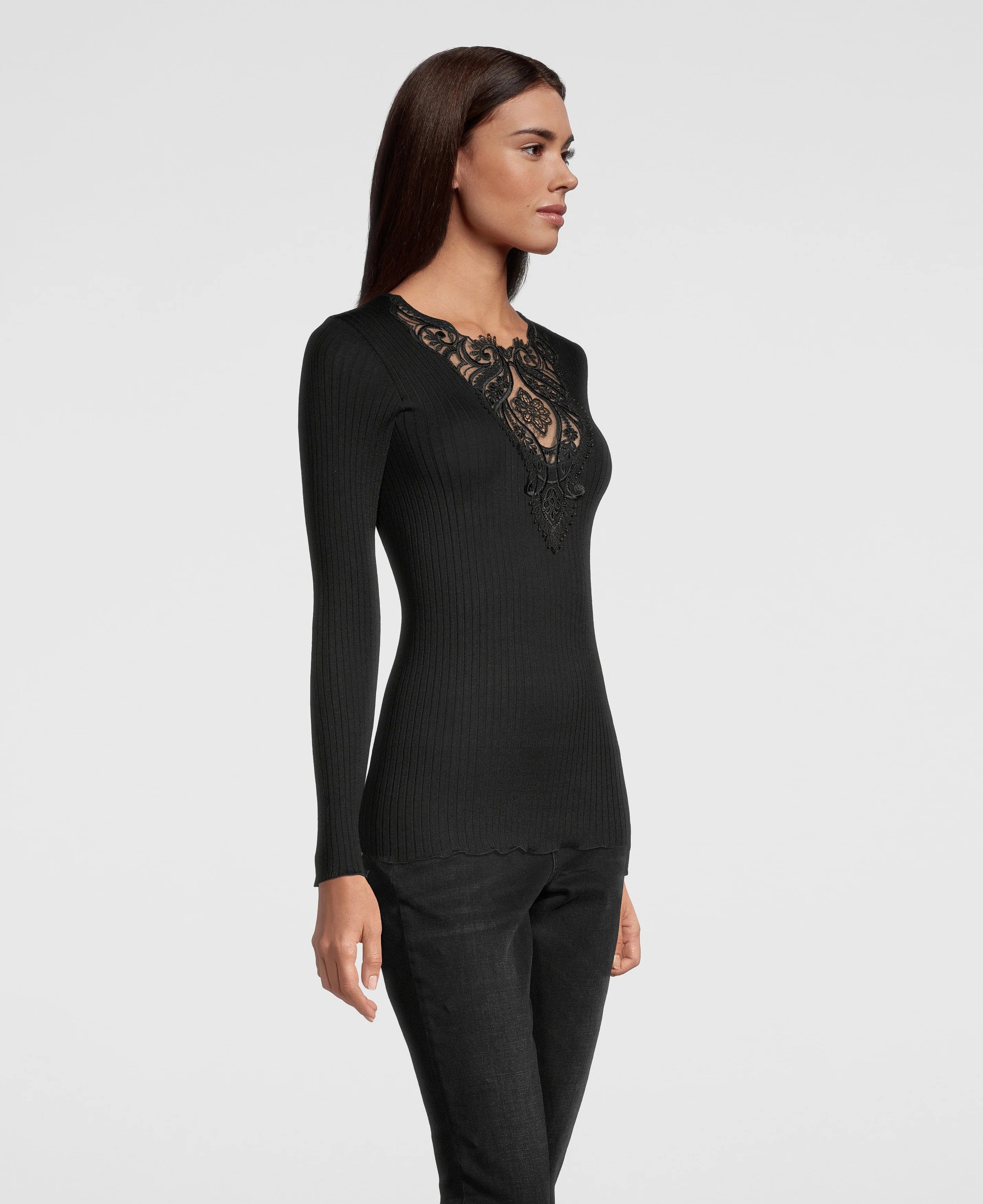 Långärmad V-ringad broderad skjorta, silver