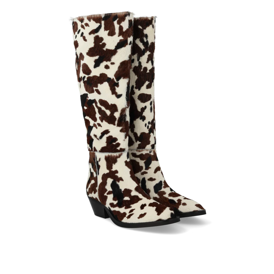 Langskaftet støvle i mønstret pony-pels