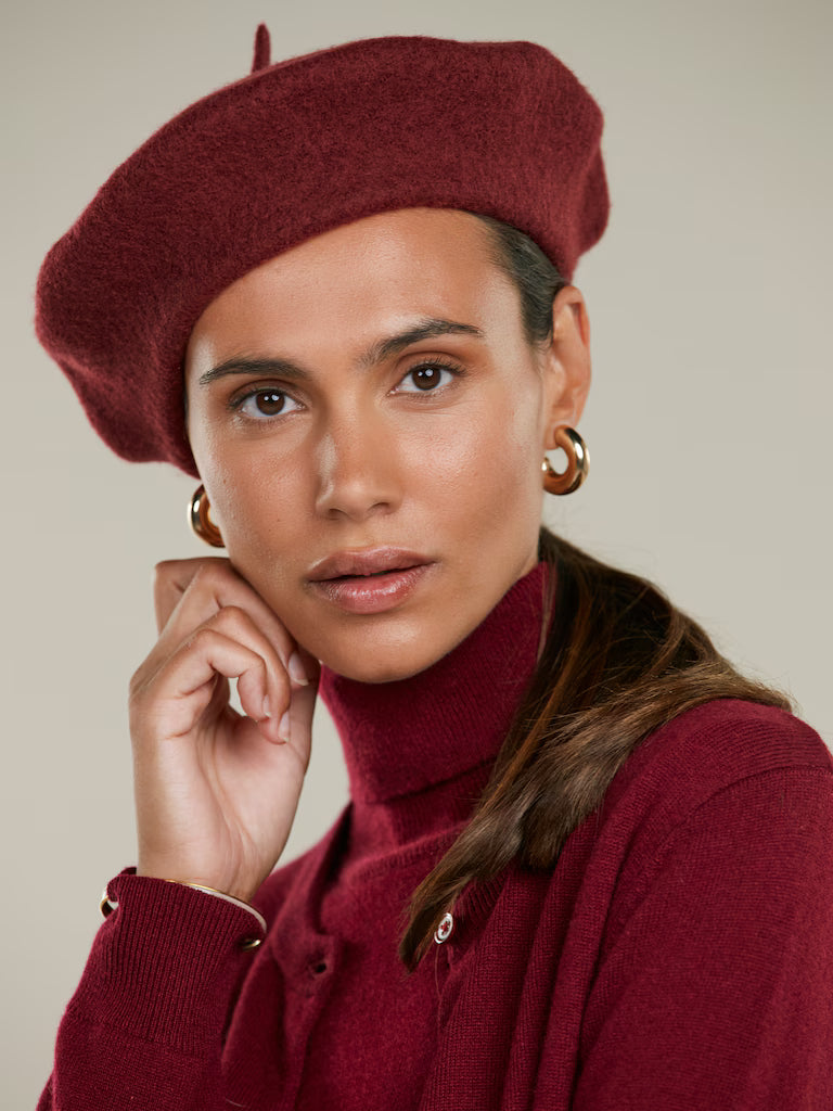 Dark red wool beret hat