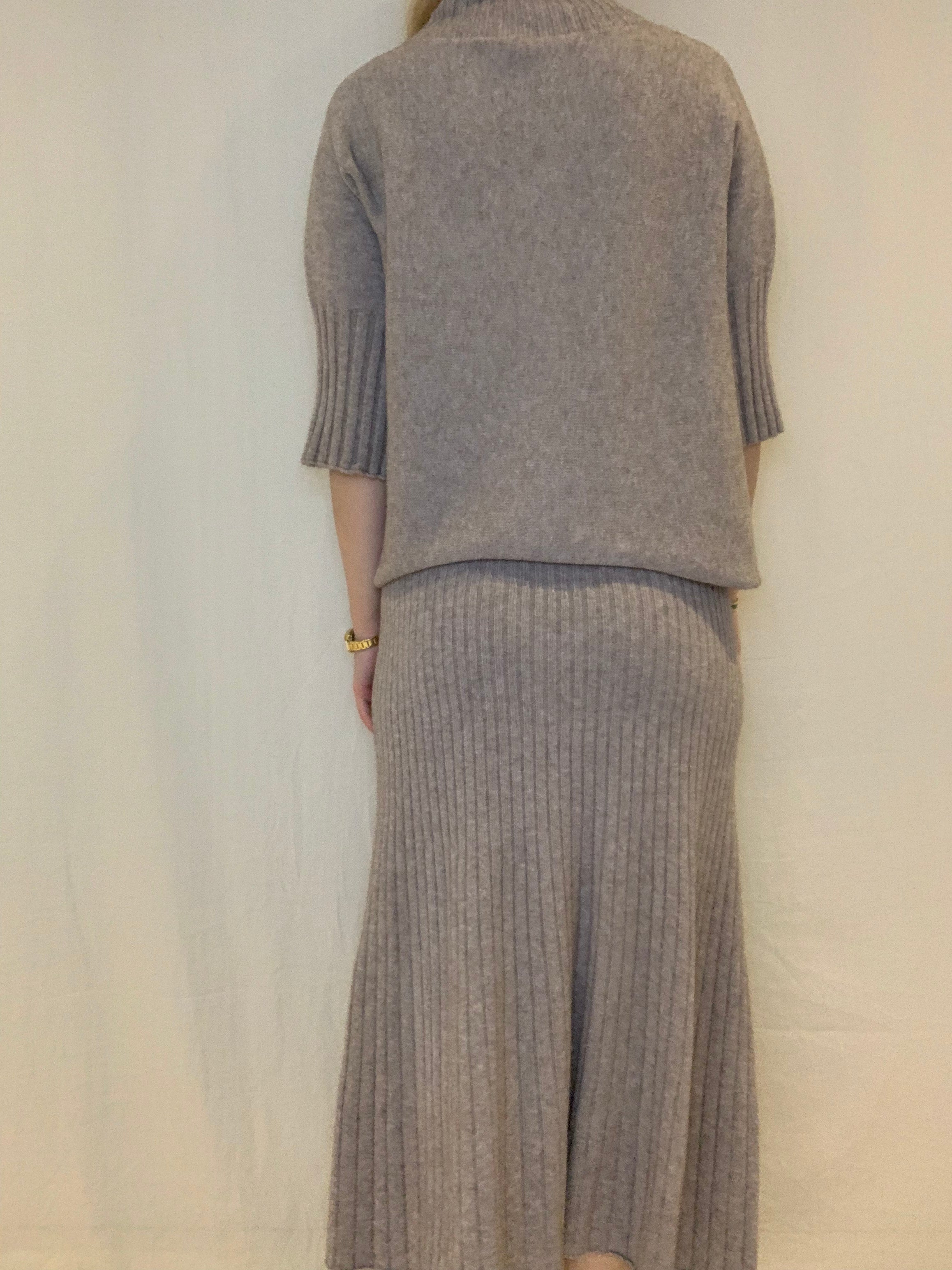 Hög midja stickad midikjol, Fango Beige