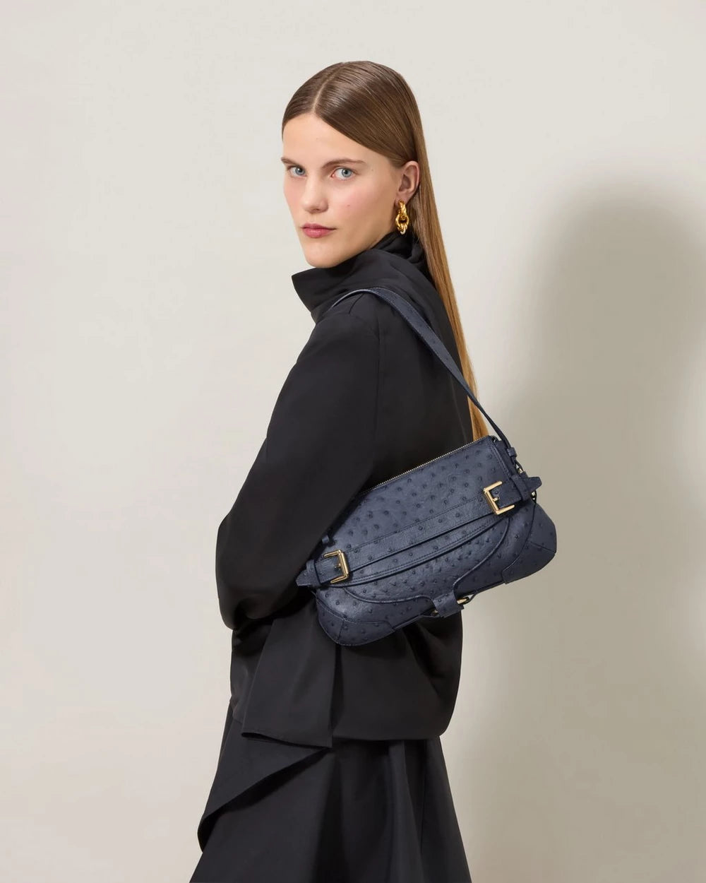 Lennox Shoulder Ostrich Print, Stormy Blue