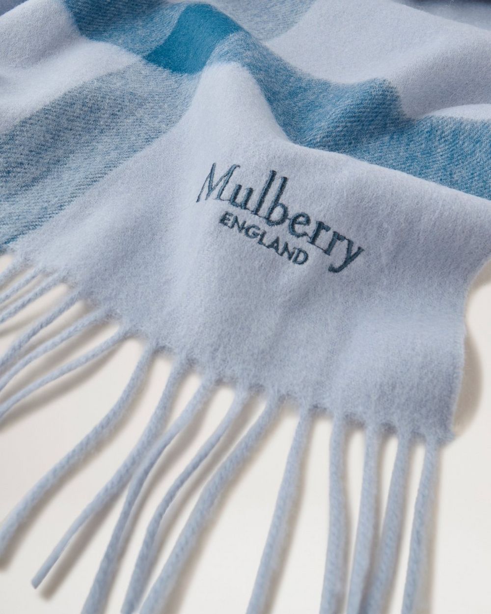 Poplin Blue-White Large Check Merino Wool Scarf