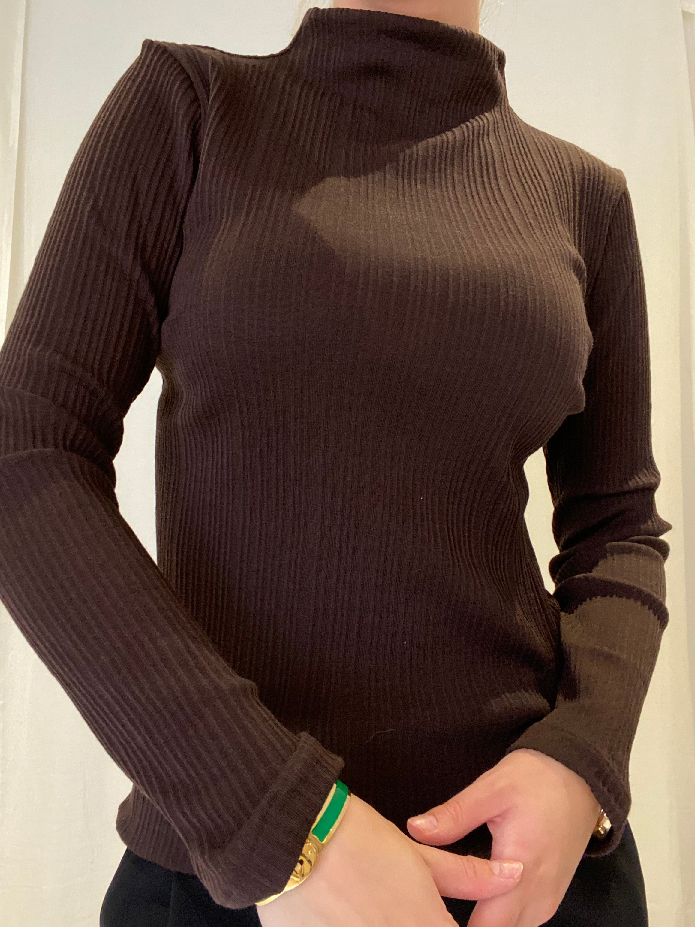 Turtleneck Wool - Silk Blus, Brun