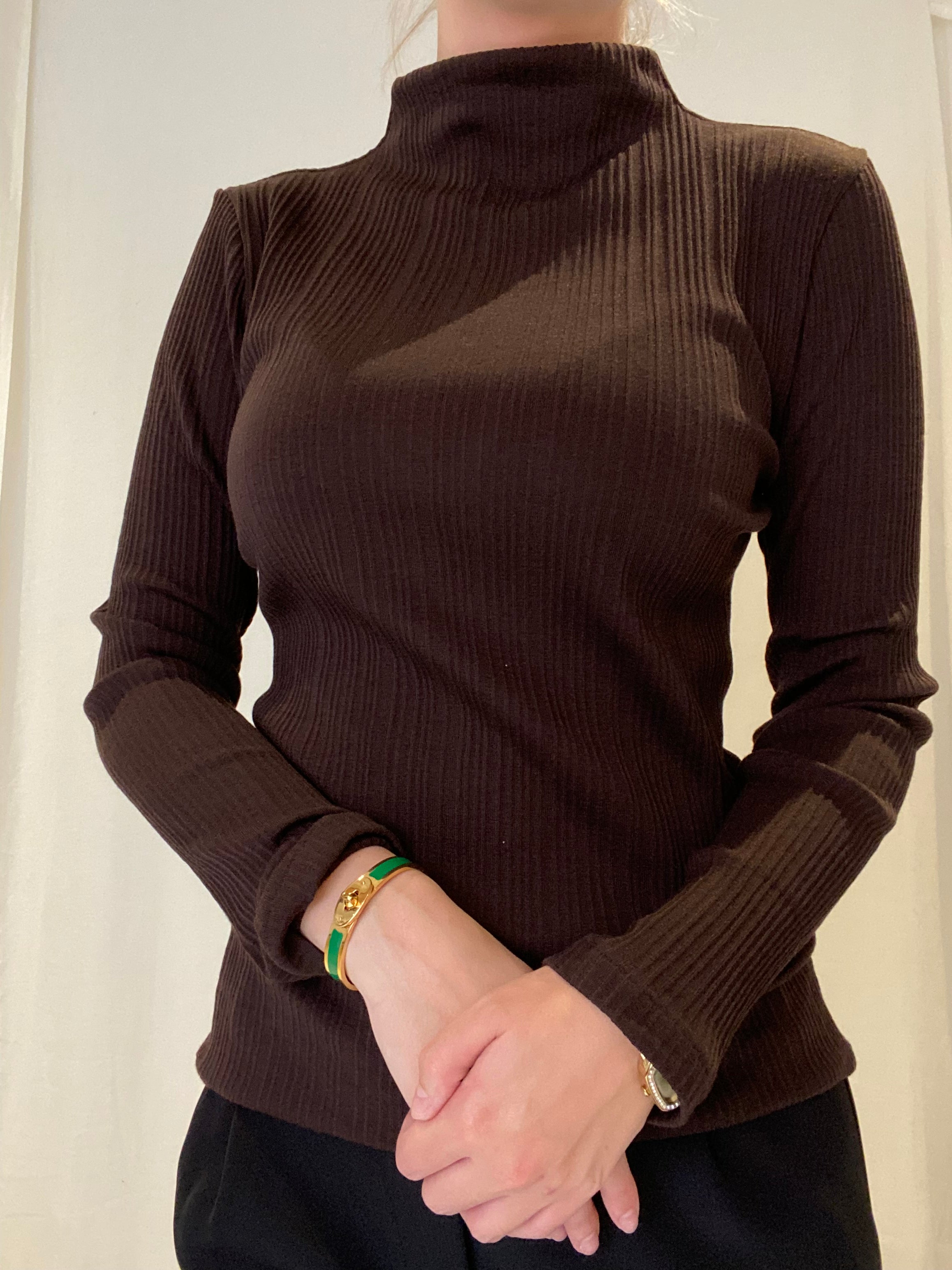Turtleneck Wool - Silk Blus, Brun