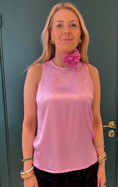 Ärmlös topp med blomdekor, rosa