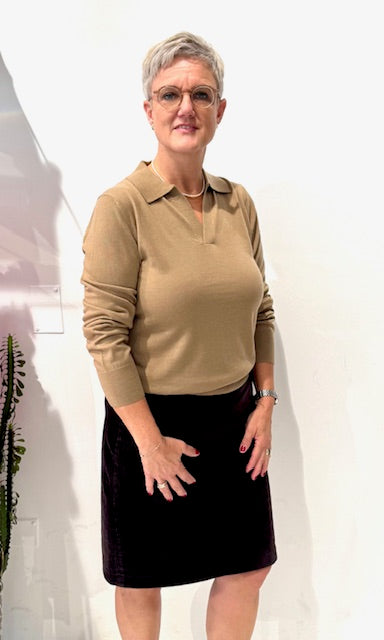 Cape, Knitted Polo Blouse, Camel