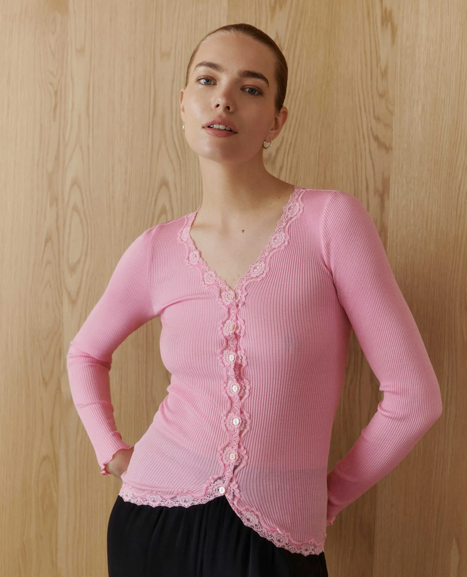 Babette Silke Cardigan LS W/Spets, Prism Rosa