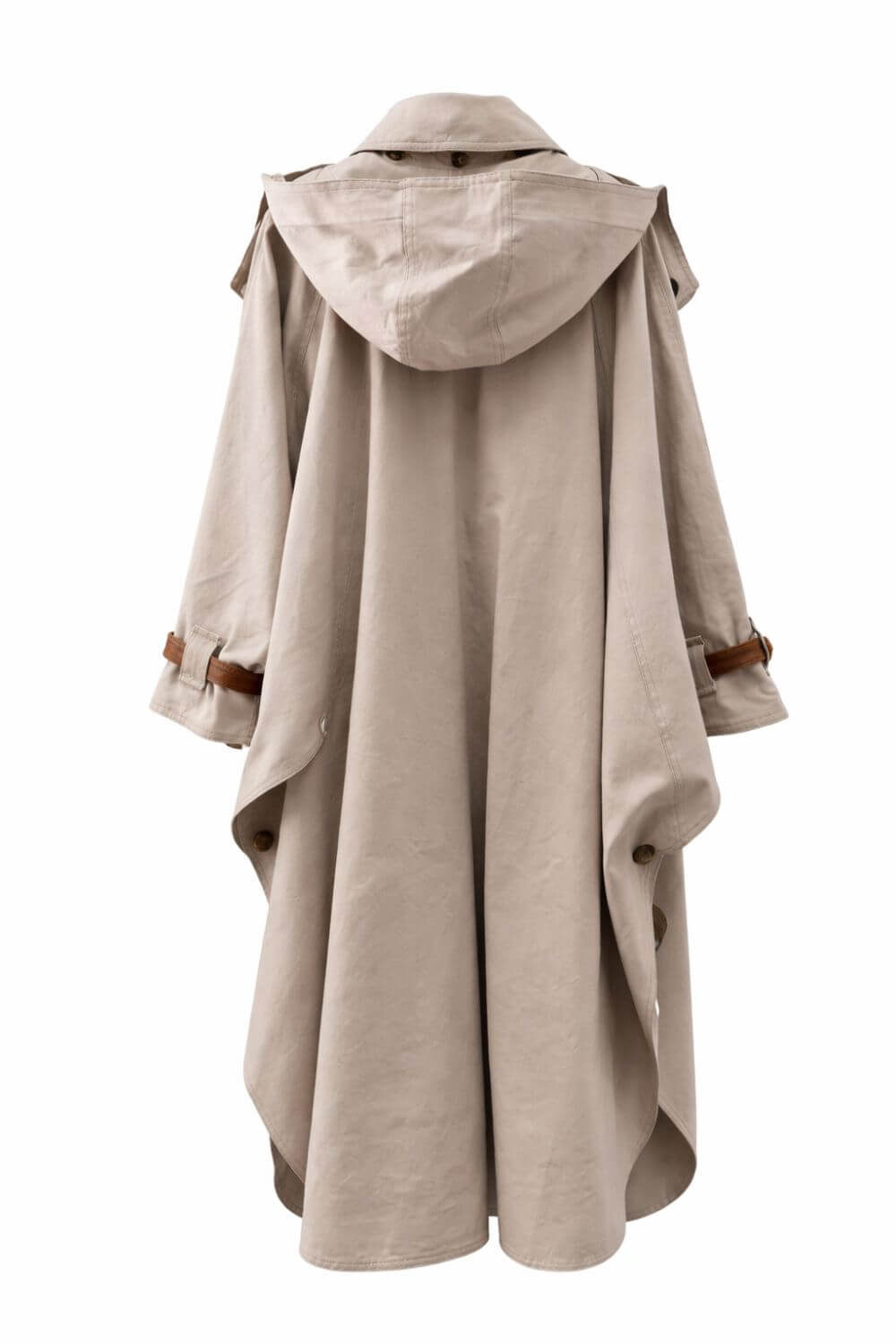 Sandfarvet trenchcoat med hætte og brune læder bånd bagfra