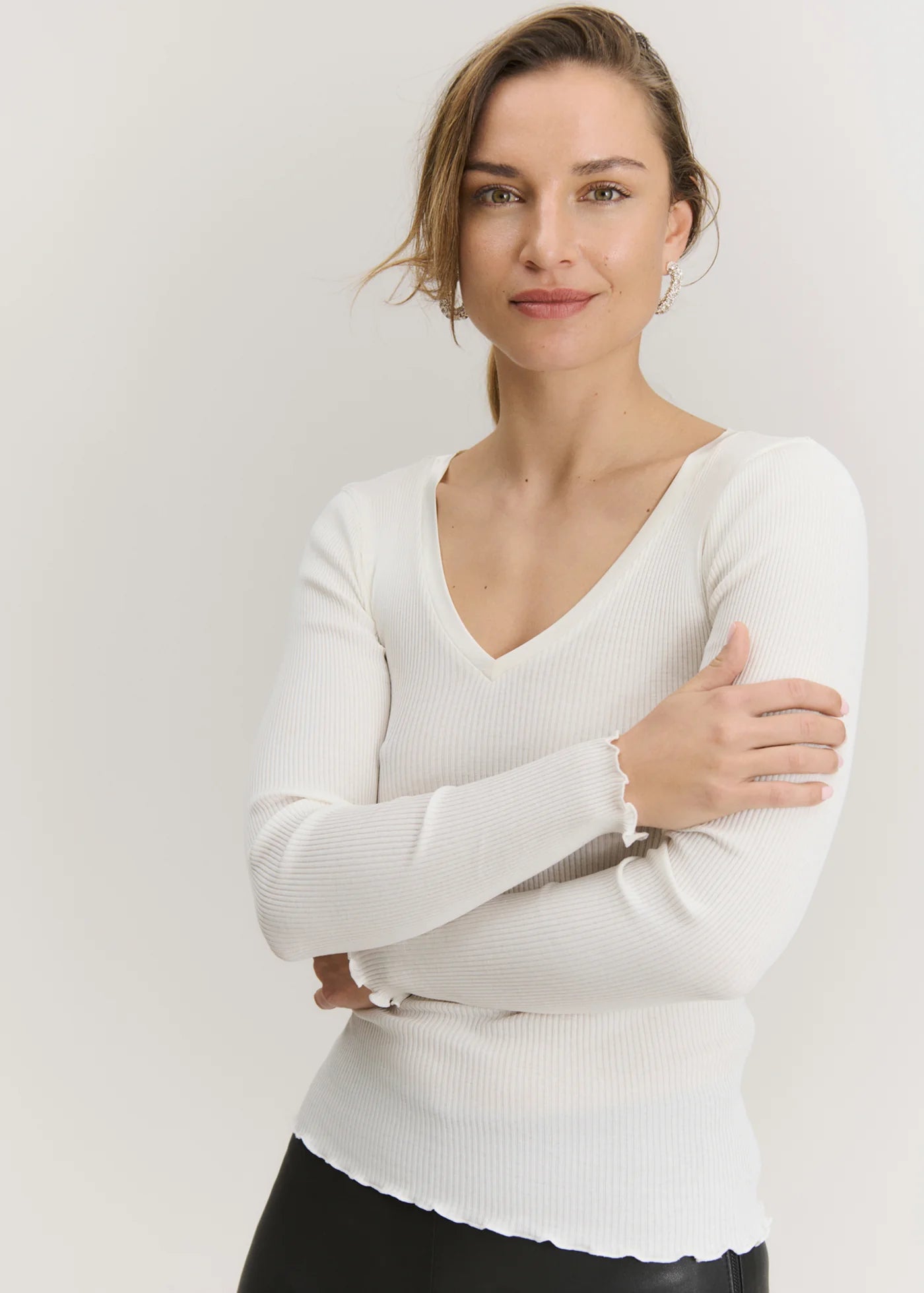 RWBeatha Silk V-Neck Satin Tape T-shirt, Ivory