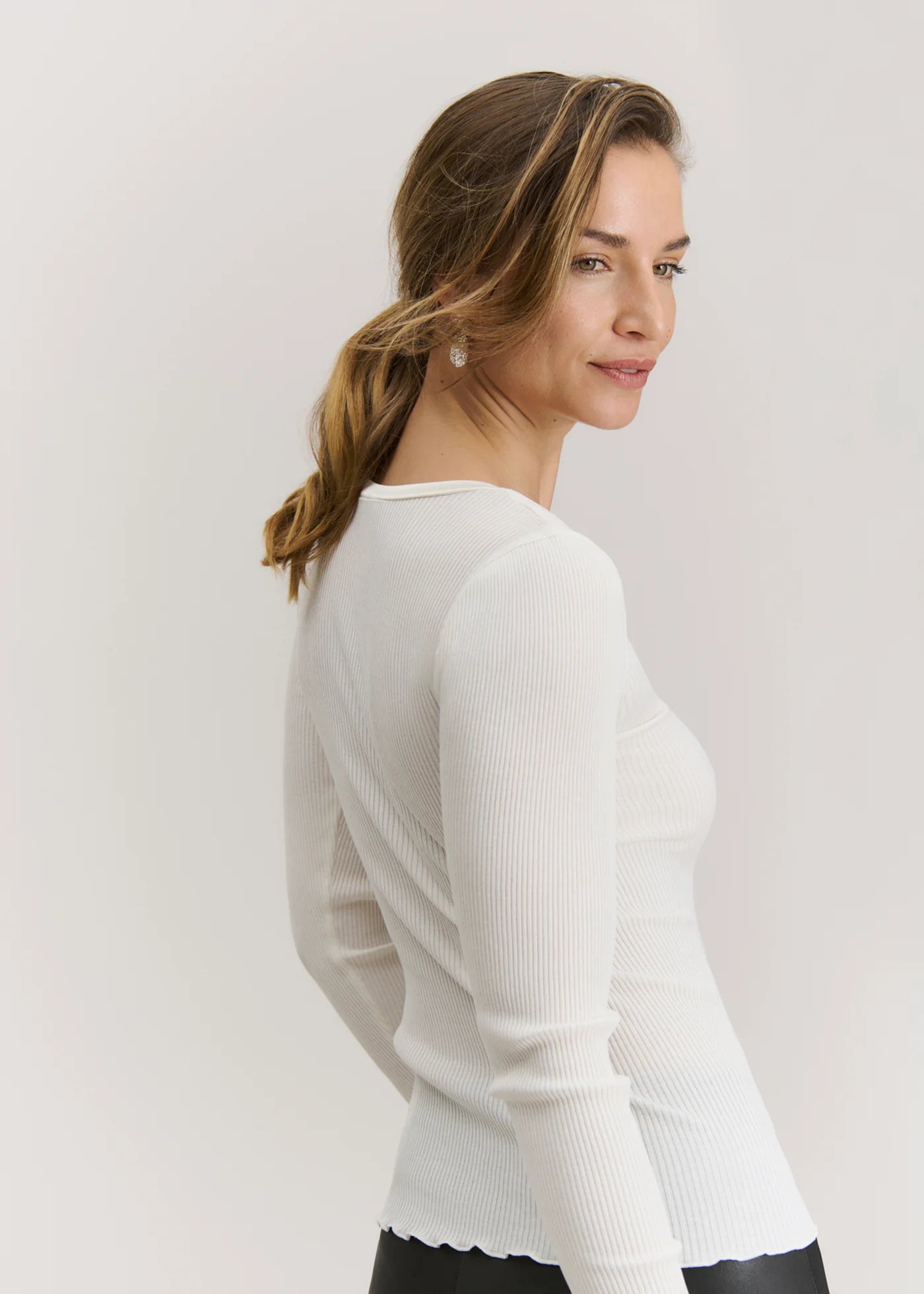 RWBeatha Silk V-Neck Satin Tape T-shirt, Ivory