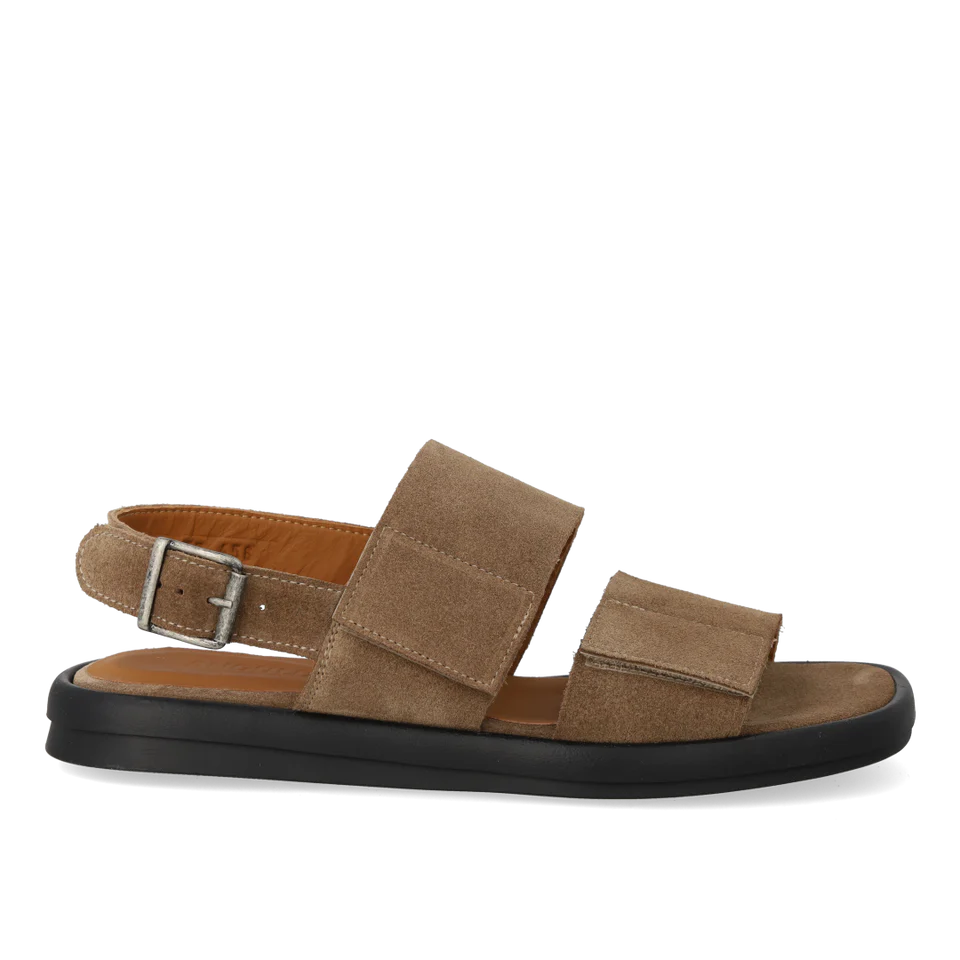 Sandal with buckle and adjustable velcro straps, Dark Brown