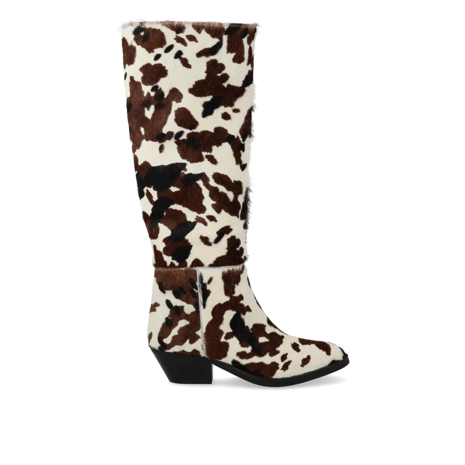 Langskaftet støvle i mønstret pony-pels
