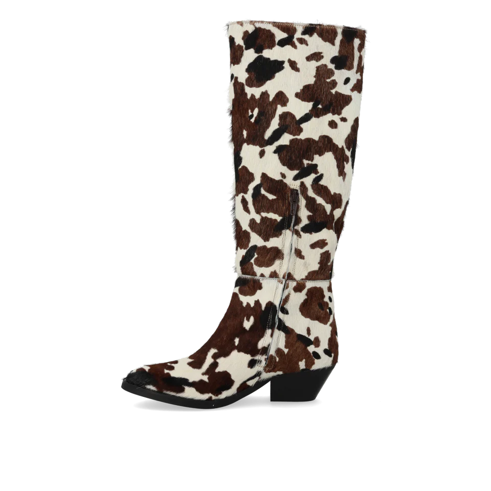 Langskaftet støvle i mønstret pony-pels