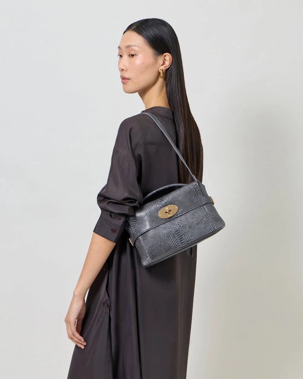 Small Stevie Top Handle, Foggy Grey Waxed Snake Print