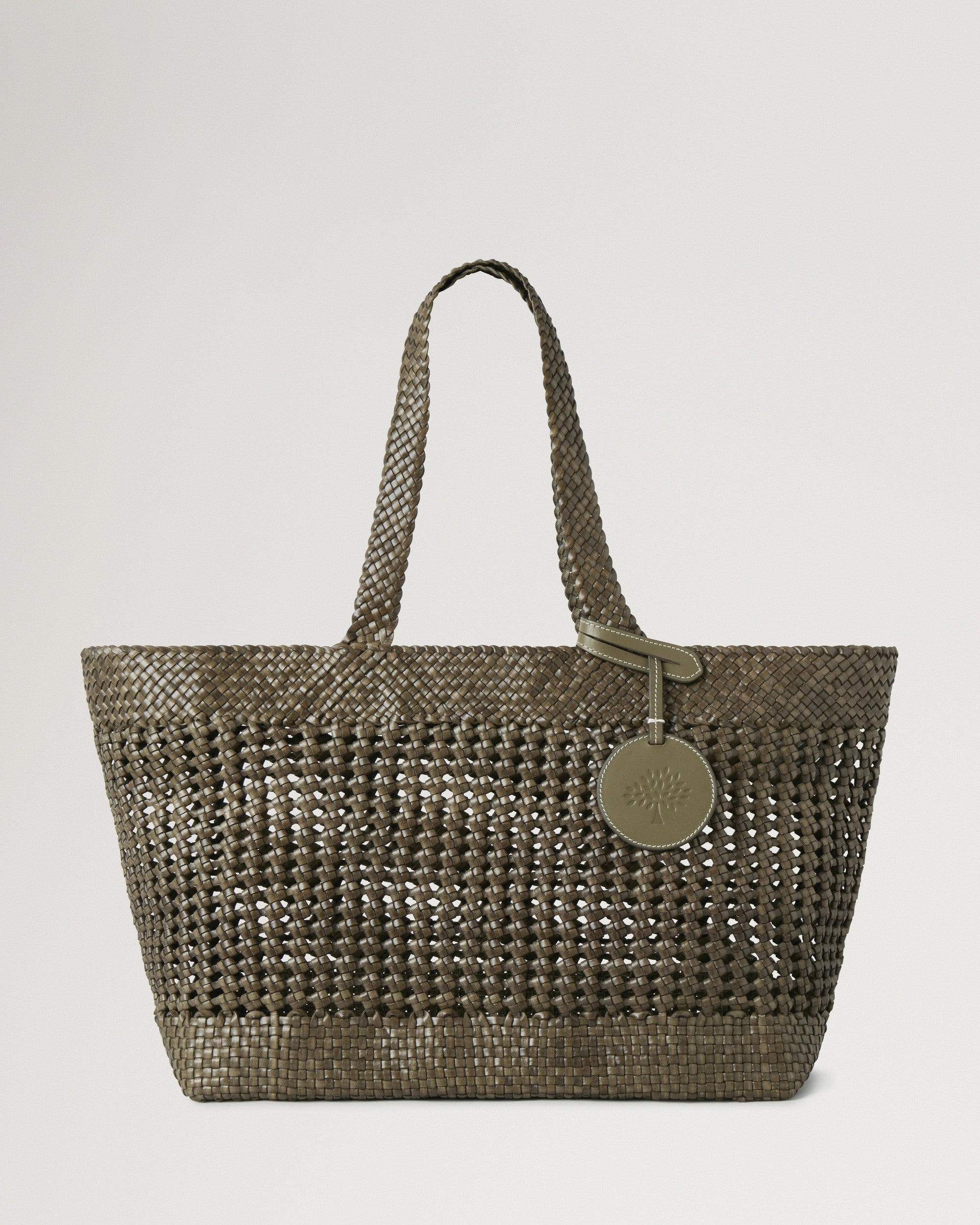 Large leather Tote, Woven Leather, Linen Green