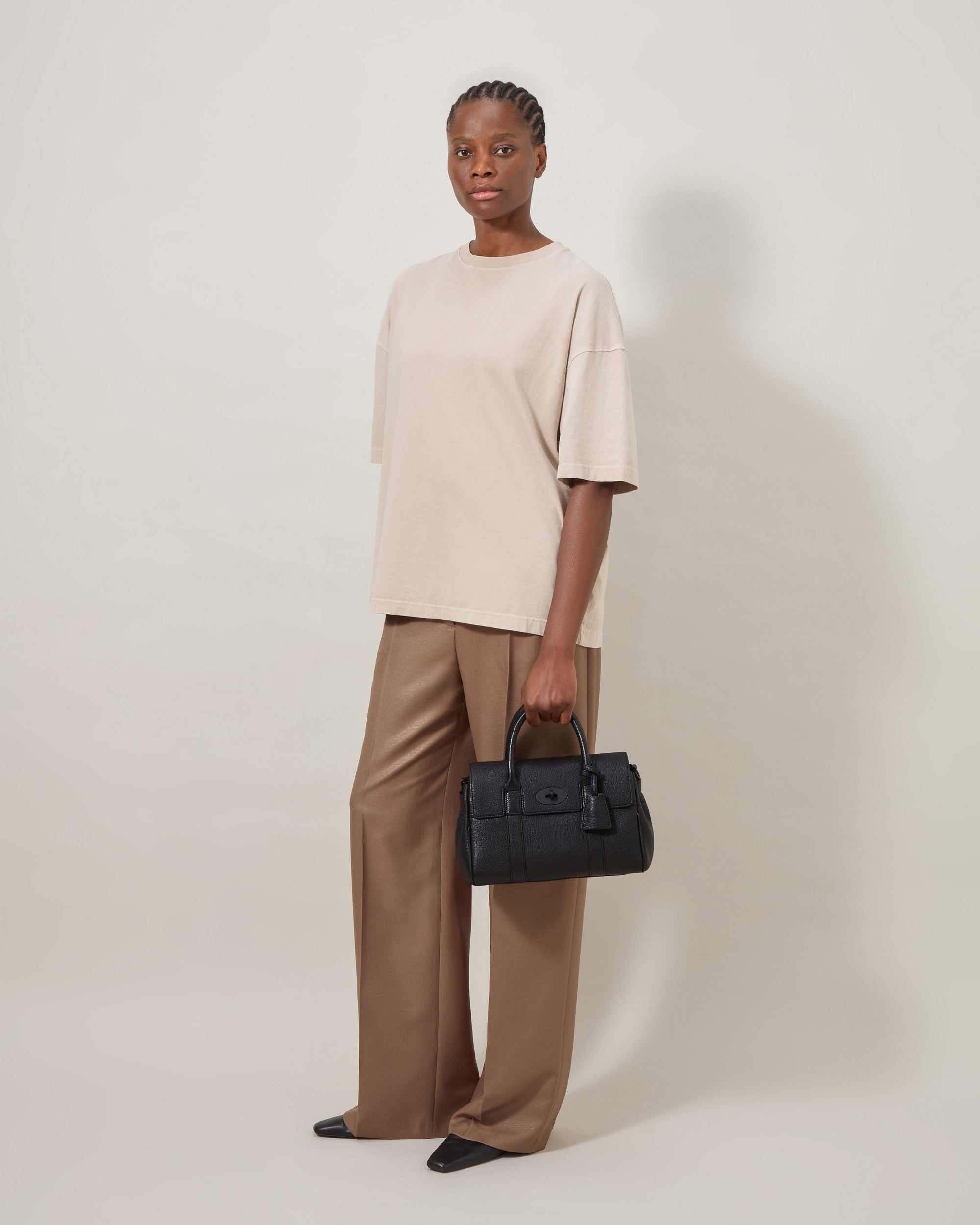 Small Bayswater Satchel Bag - Natural Grain, Black / Black