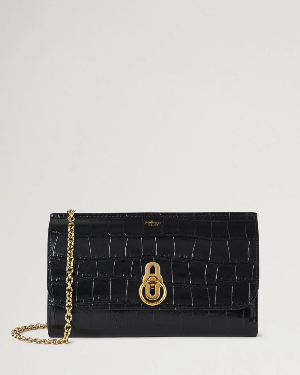 Amberley Clutch, Schwarz, glänzend, kleines Krokodil