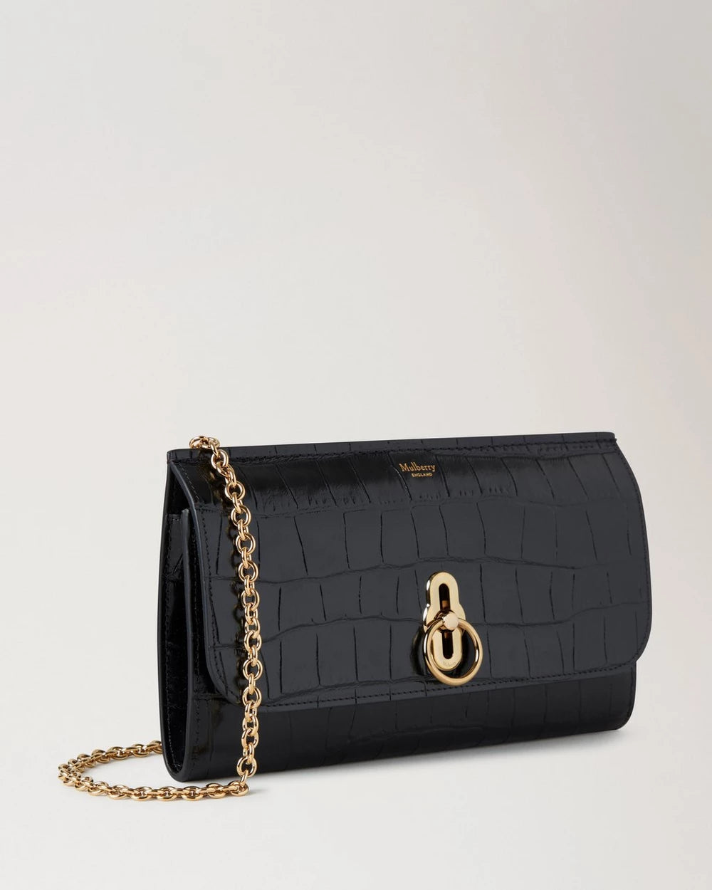 Amberley Clutch, Schwarz, glänzend, kleines Krokodil