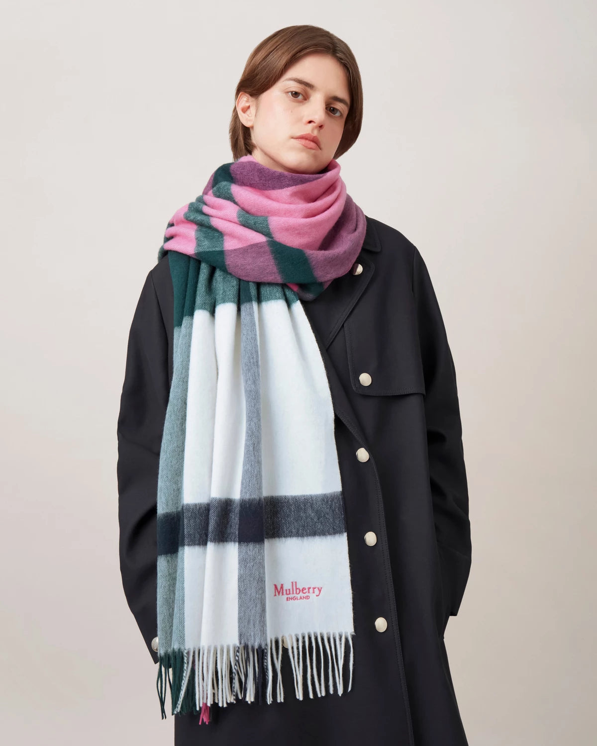 Large Check Scarf, Cream