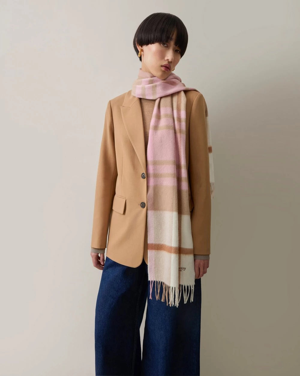 Small Check Merino Wool Scarf, Maple-Powder Rose