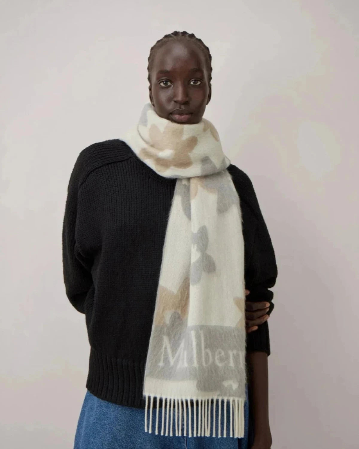 Floral Jaquard Scarf, White-Pale Grey