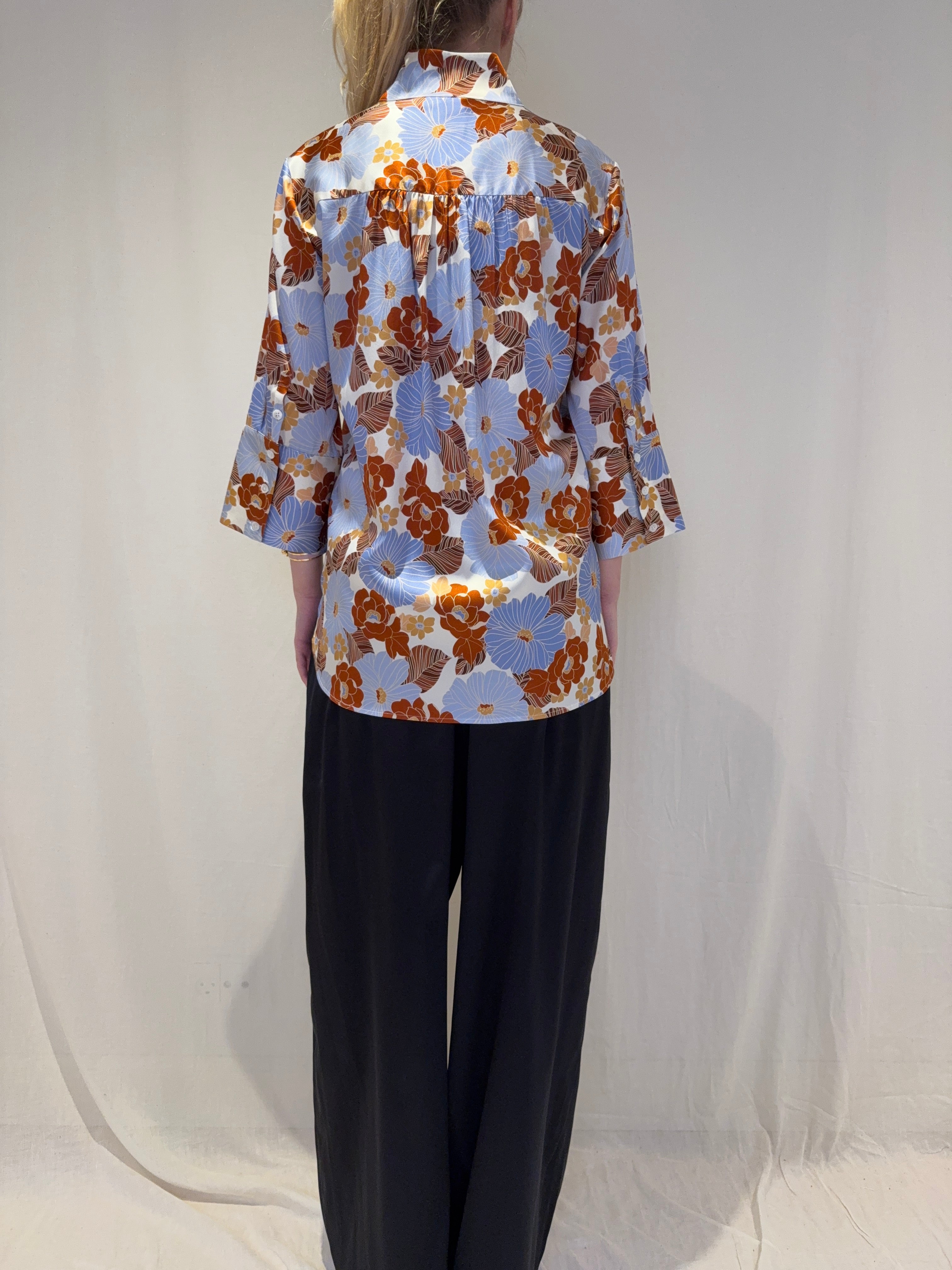 Valentina Silk Shirt, Light Blue Floral