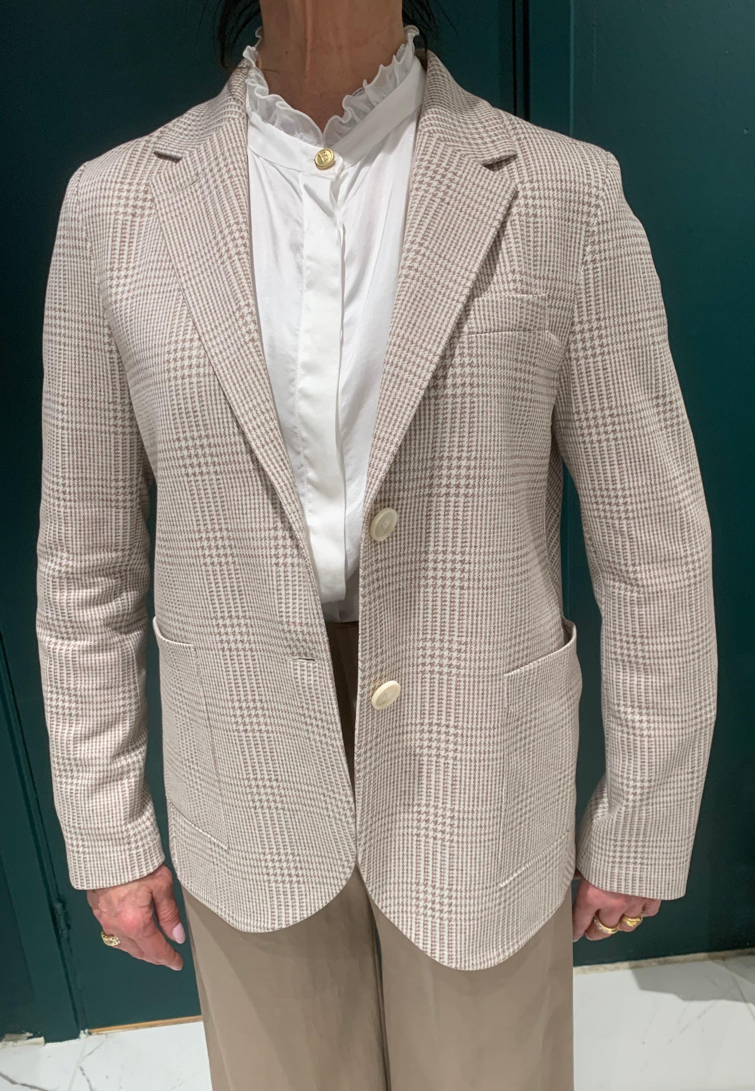 Blazer With Stand Up Collar, Beige Check