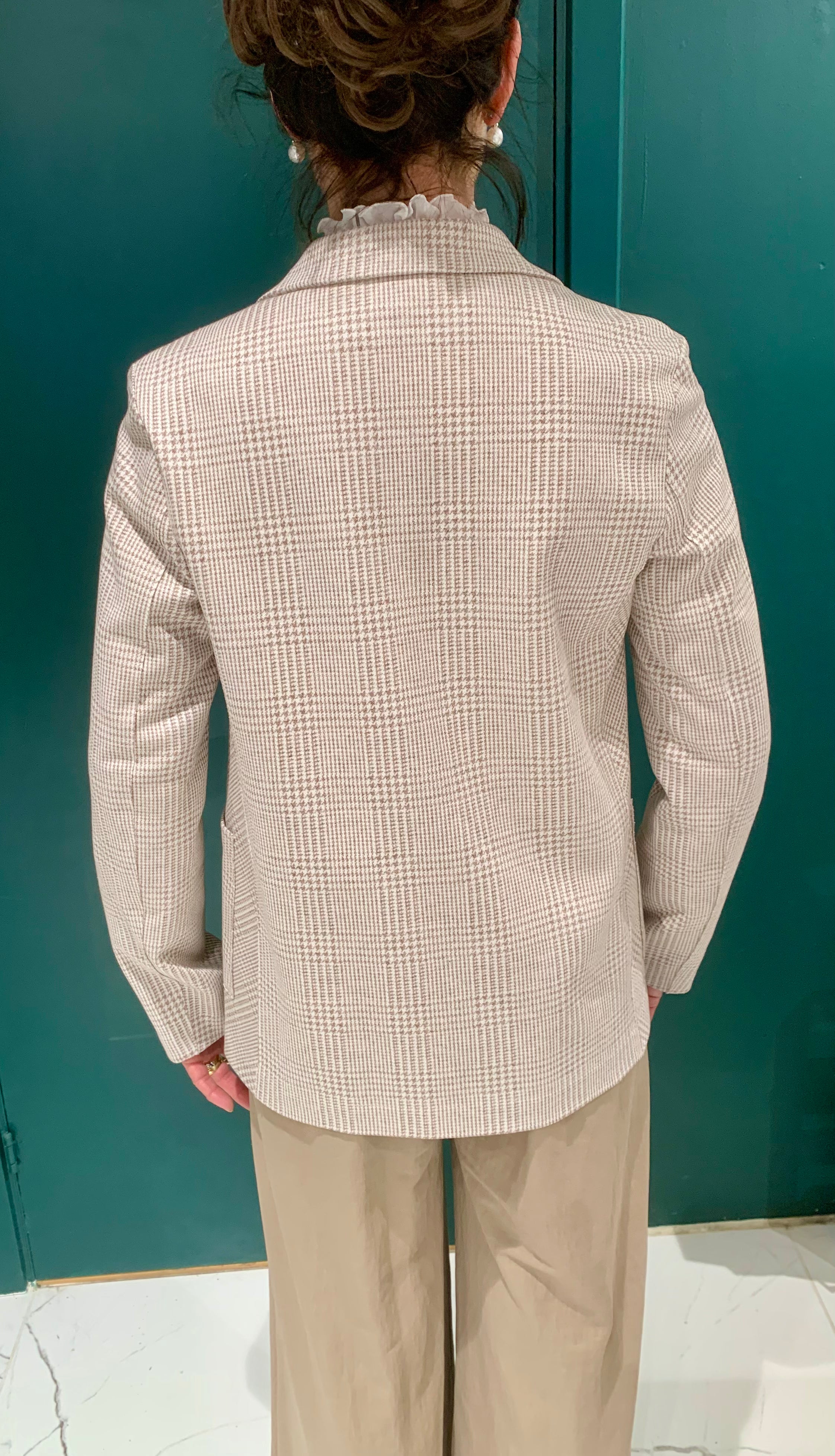 Blazer With Stand Up Collar, Beige Check