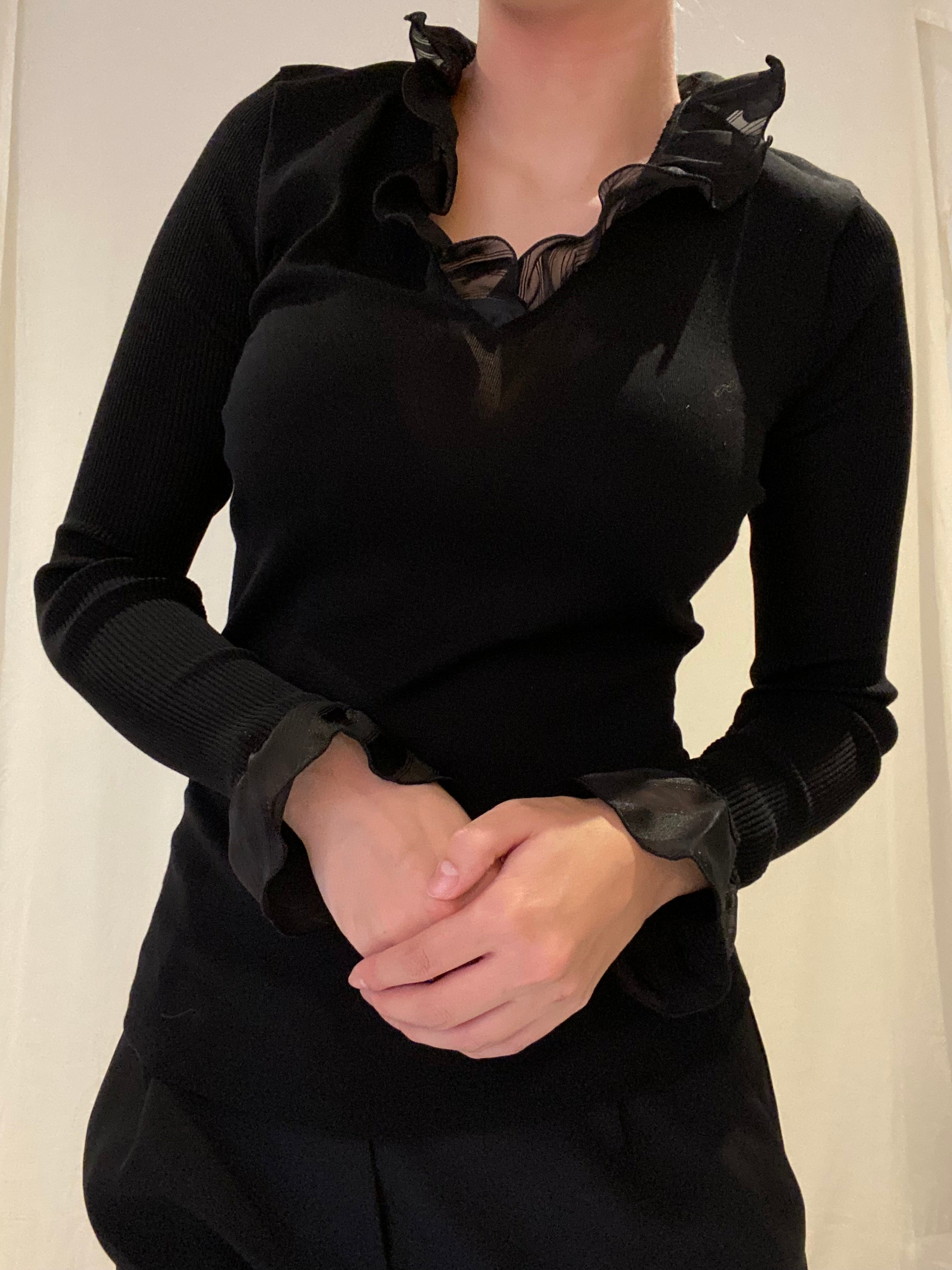 Blouse Wool Silk With Frills, Black