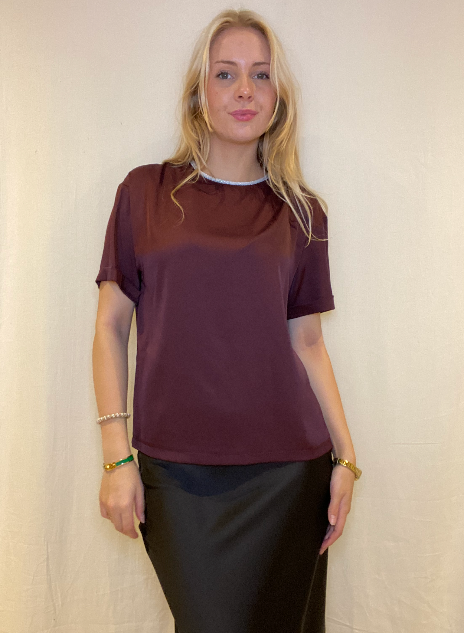 Crew Neck Shirt With Roll Detail, Marsala