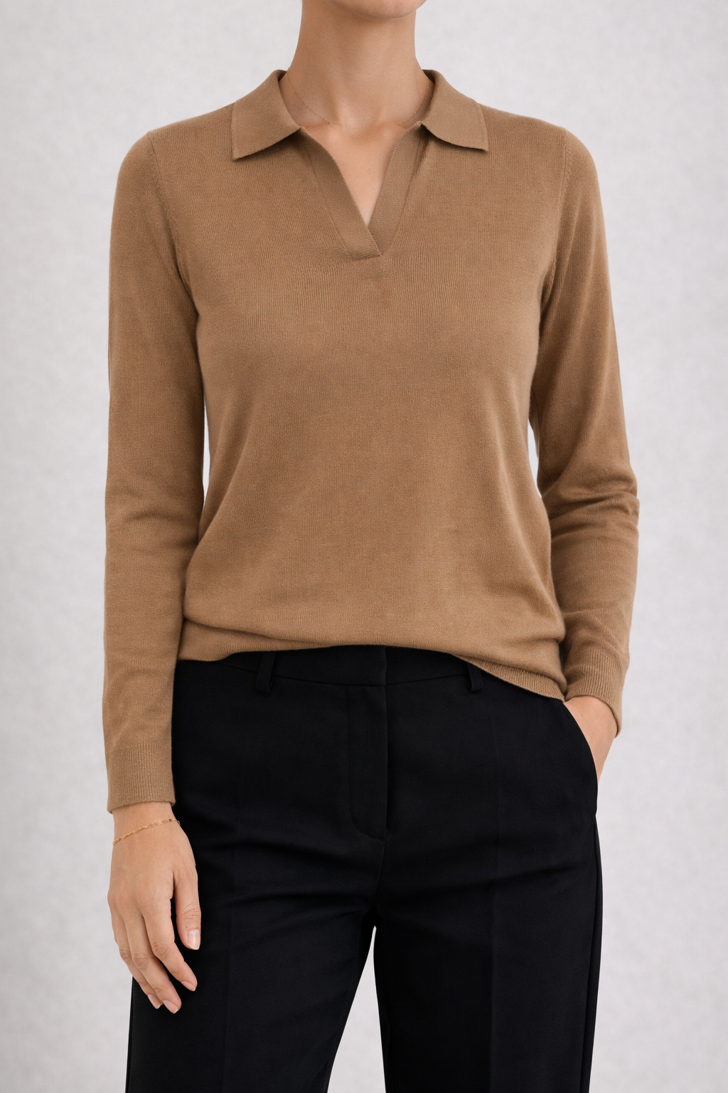Cape, Knitted Polo Blouse, Camel